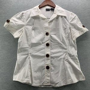 Willie Smith Women White Short Sleeve Button Up Blouse Size Medium